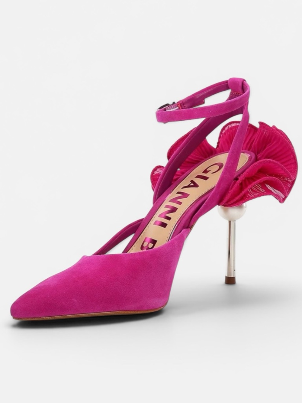 Gianni Bini Pink Suede Pointed Ankle-Strap Pump with Ruffle Pearl Heel $159 - Picture 3 of 7